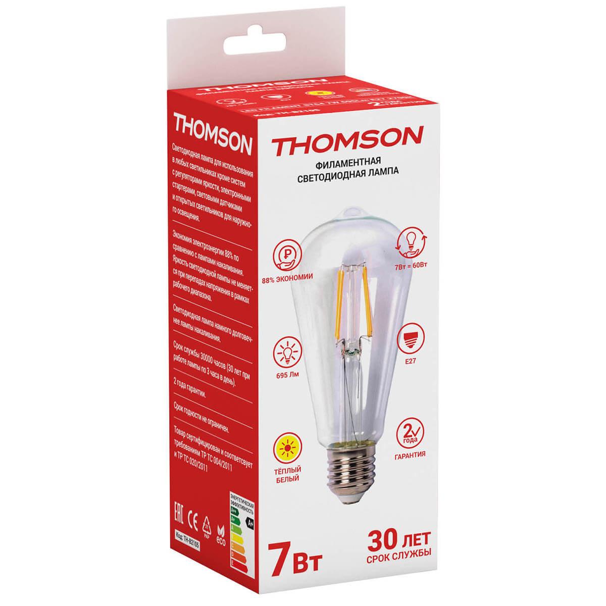 Лампа светодиодная филаментная Thomson E27 7W 2700K колба прозрачная TH-B2105