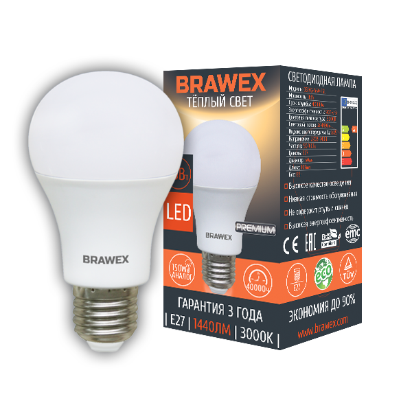 Лампа светодиодная Brawex груша матовая E27 16Вт 3000K 0314G-A60-16L