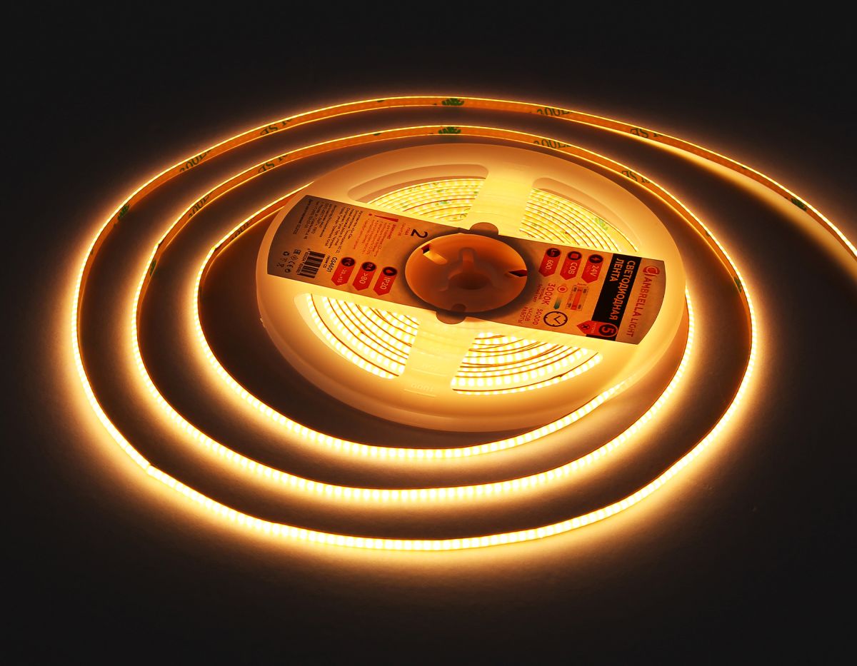 Светодиодная лента Ambrella Light Illumination COB 384Led/ 7W m/ 24V IP20 3000K/ 5m*3mm*2mm (2 конт.) GS4601