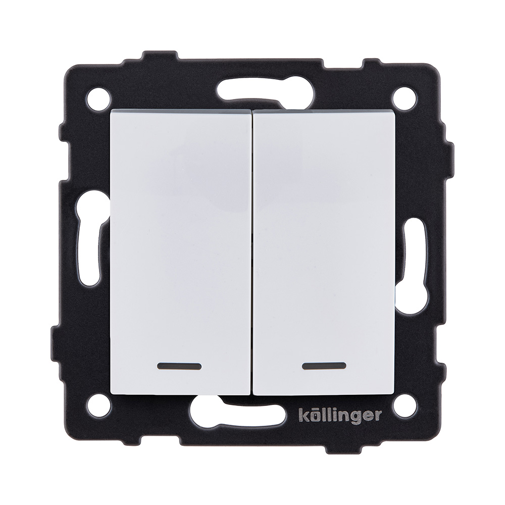 Выключатель 2-клавишный проходной 10А/250В с LED подсветкой, изогнутый, белый Kollinger REA-R-010WH для Aspekt, Eleganz, Reflex