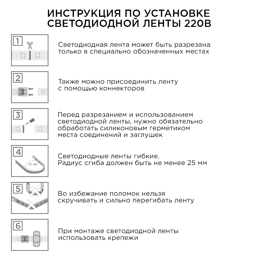 Комплект светодиодной ленты Apeyron 220В 6Вт/м smd2835 60д/м IP65 5м 6500К (сетевой шнур, заглушка, крепежи) 10-55