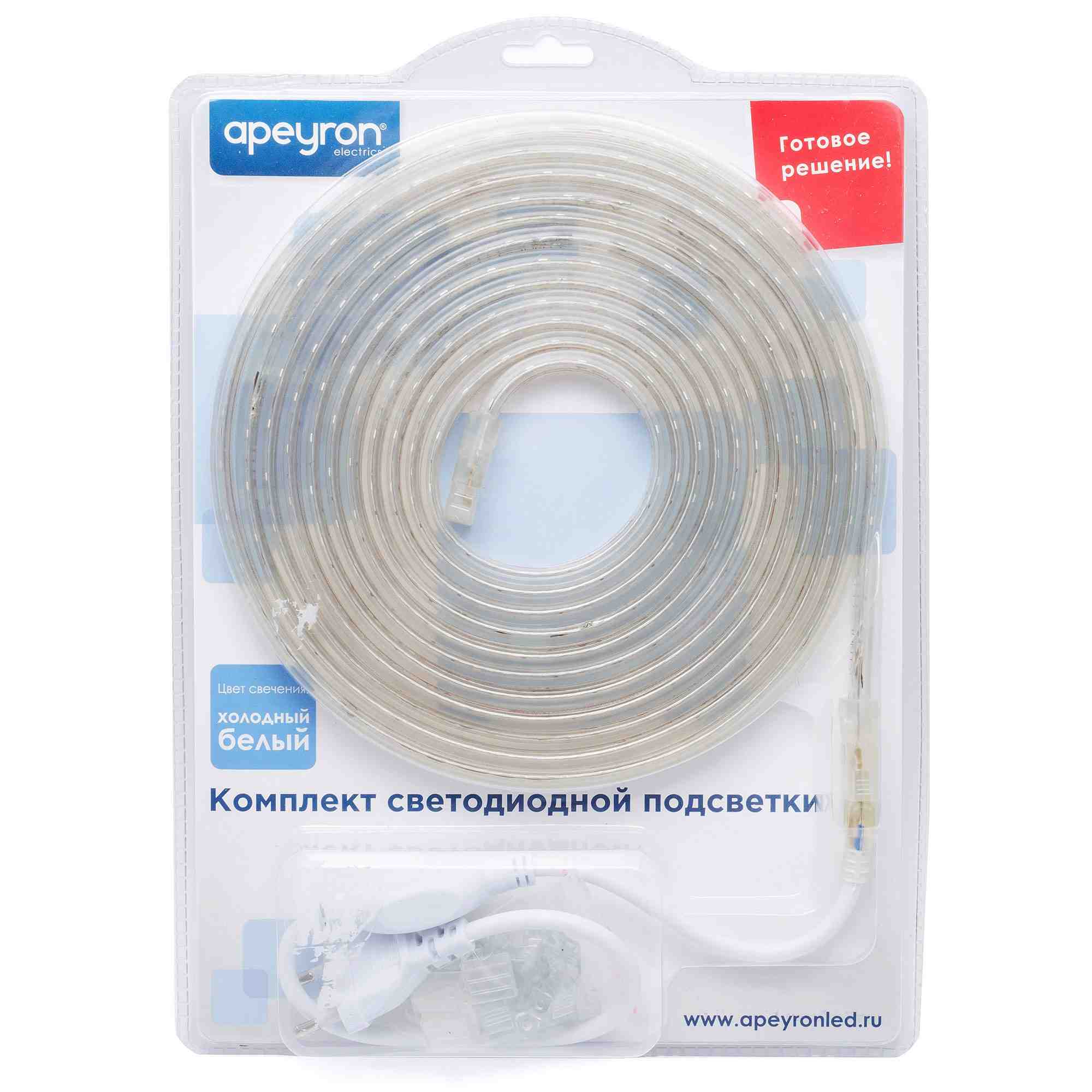 Комплект светодиодной ленты Apeyron 220В 4,8Вт/м smd3528/2835 60д/м IP65 300Лм/м 5м 6000К (сетевой шнур, заглушка, крепежи)  10-04