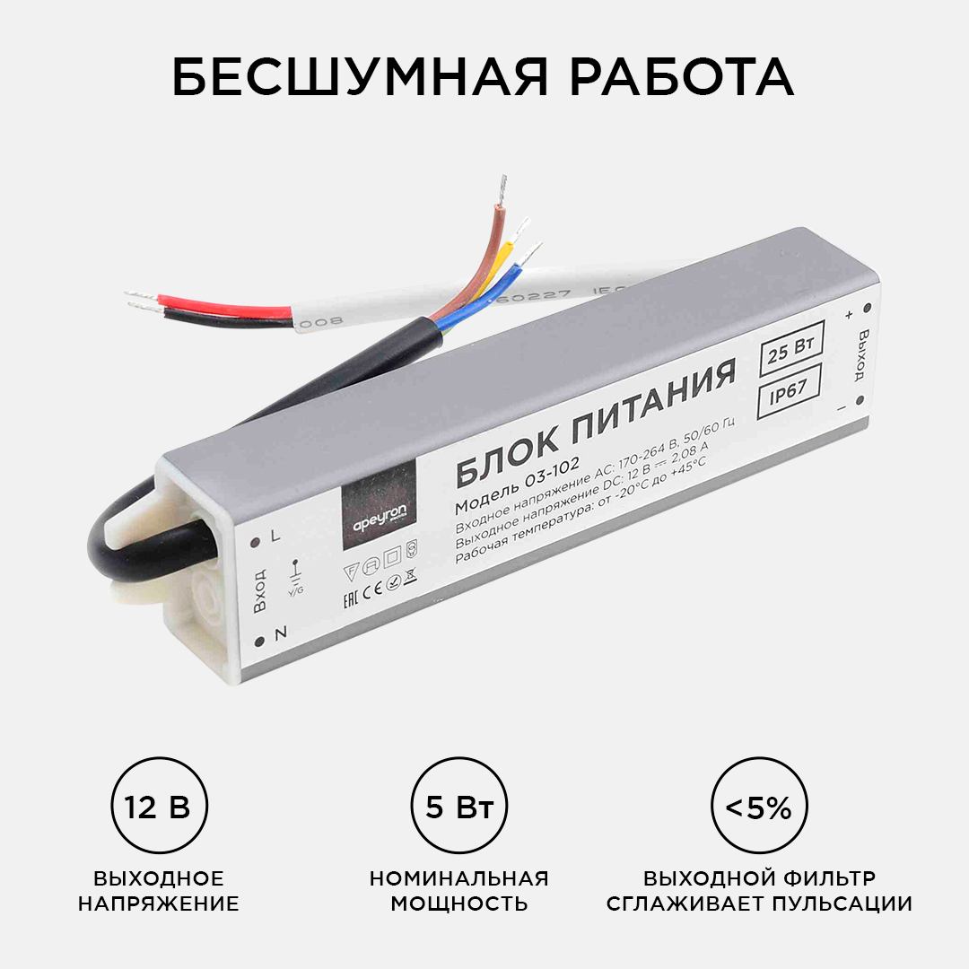 Блок питания Apeyron 12В (СТ) 25Вт импульсный IP67 170-264В 2,08А 03-102