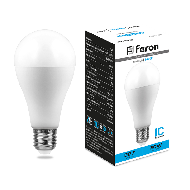 Лампа светодиодная Feron E27 30W 6400K груша матовая LB-130 38196