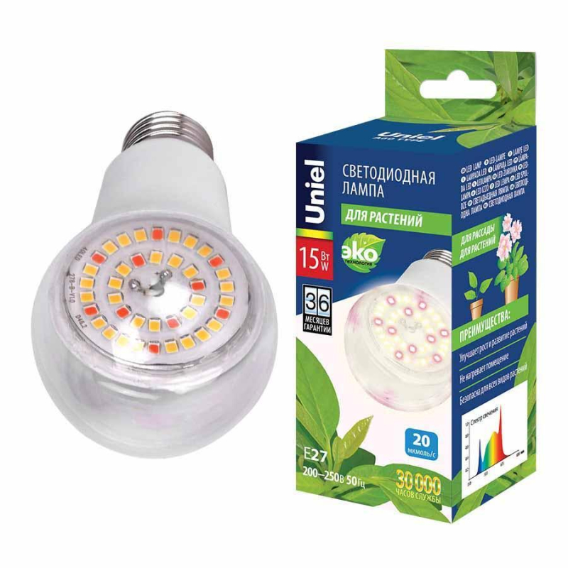 Лампа светодиодная для растений (UL-00007405) Uniel E27 15W груша прозрачная LED-A60-15W/SPFB/E27/CL PLP30WH
