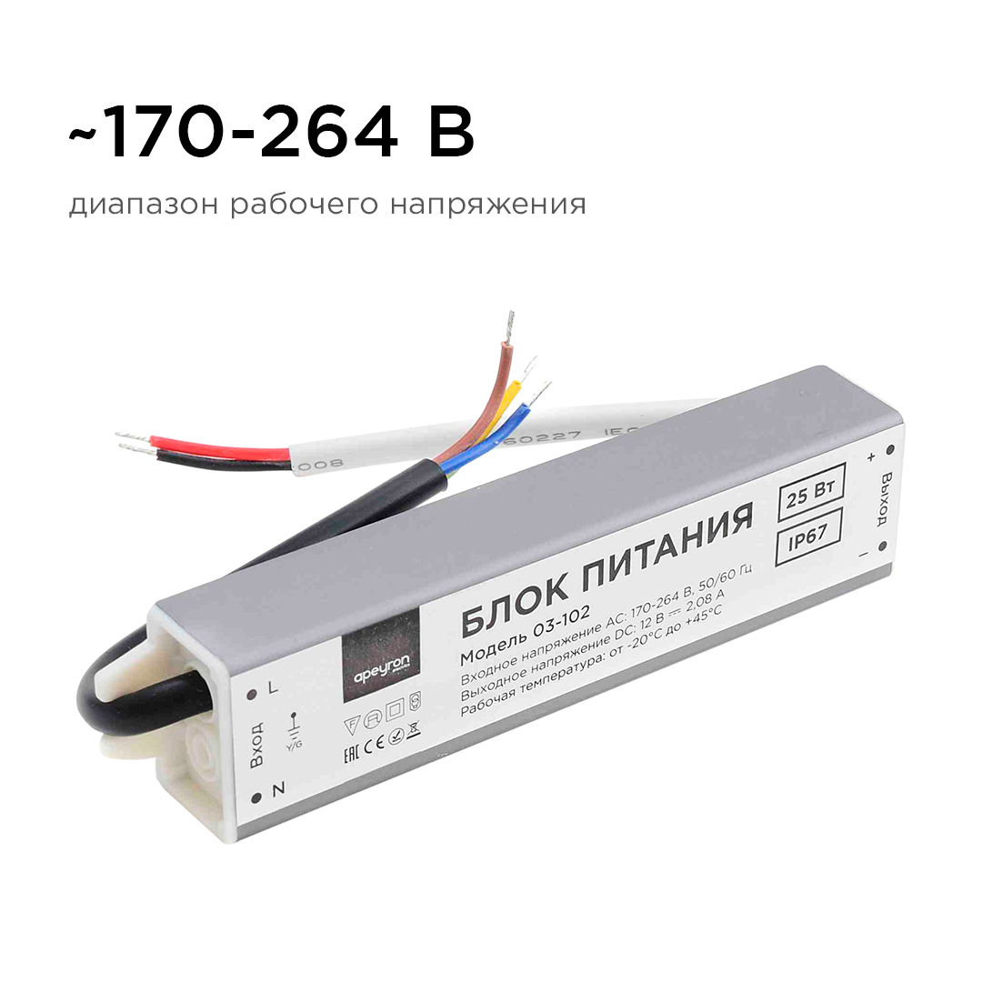 Блок питания Apeyron 12В (СТ) 25Вт импульсный IP67 170-264В 2,08А 03-102