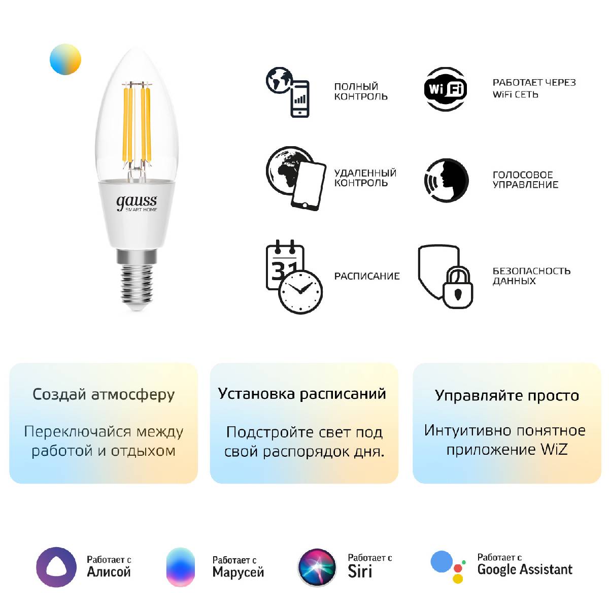 Лампа светодиодная диммируемая филаментная Gauss E14 4,5W 2000-6500K прозрачная 1250112