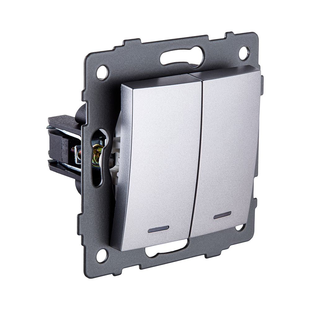 Выключатель 2-клавишный проходной 10А/250В с LED подсветкой, изогнутый, серый Kollinger REA-R-010GY для Aspekt, Eleganz, Reflex