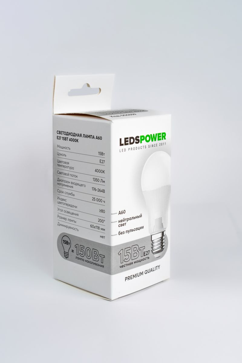 Светодиодная лампа LEDS POWER A60 E27 15Вт 4000К 006659