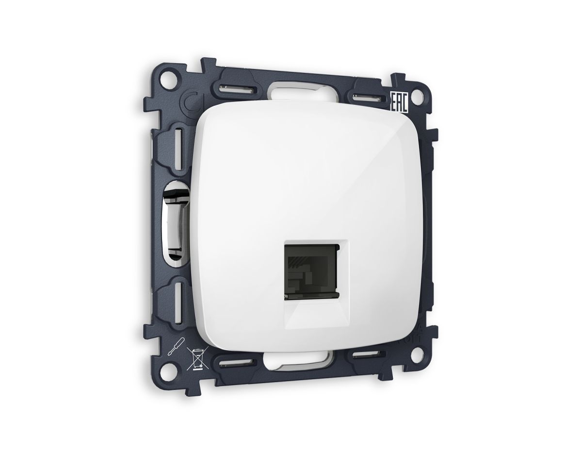 Комплект механизма компьютерной розетки Ambrella Volt RJ-45 (8P8C) CAT6A экранированной с автоматической защитной шторкой OMEGA MO112005 Белый глянец QUANT (OP1120, VM185)