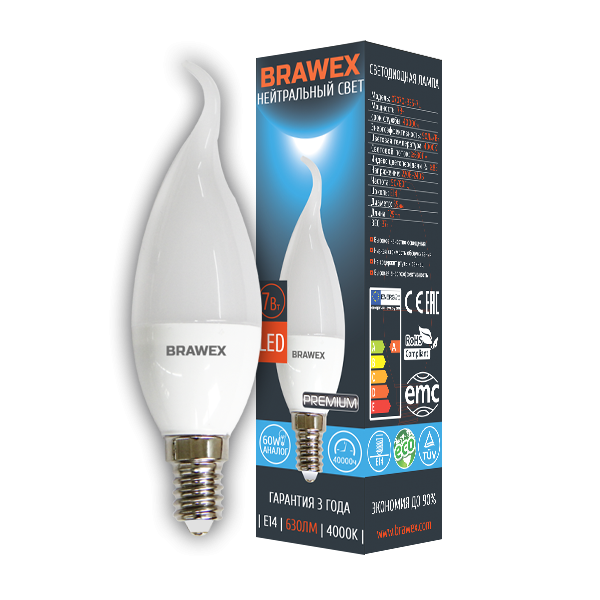 Лампа светодиодная Brawex свеча на ветру матовая E14 7Вт 4000K 0707Q-B35-7N