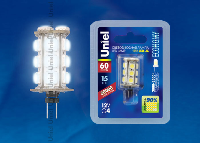 Лампа светодиодная (03972) Uniel G4 0,9W 3000K прозрачная LED-JC-12/0,9W/WW/G4 60lm
