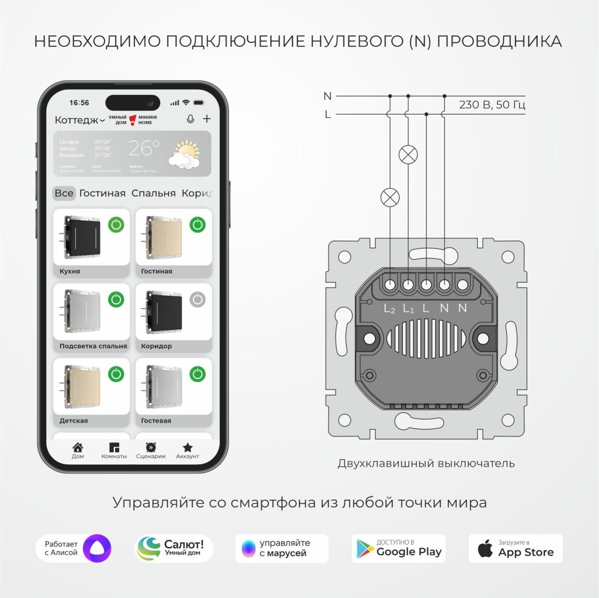 Умный сенсорный выключатель двухклавишный Werkel 4690389197956 W4523006 a064144