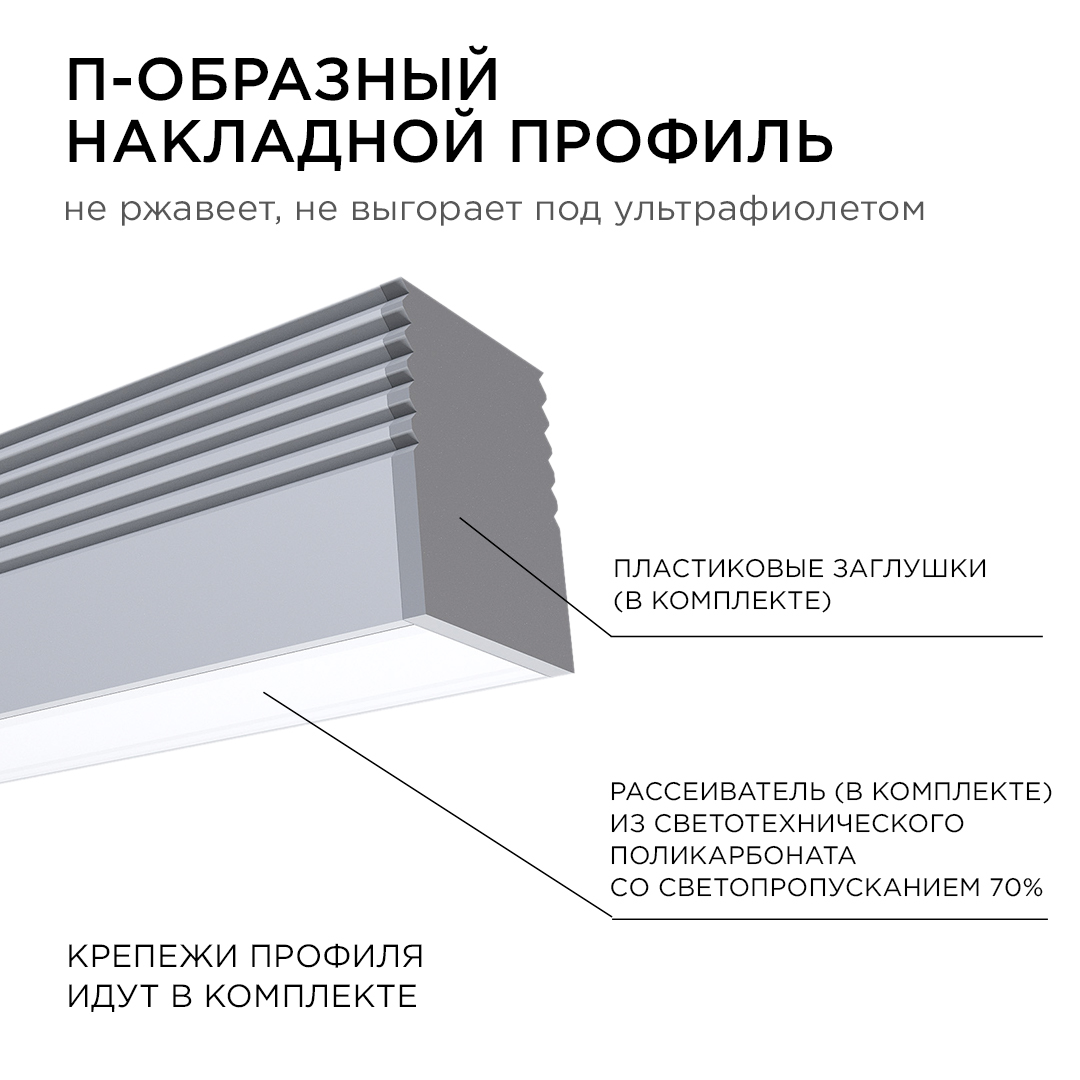 Профиль П-образный накладной Apeyron ширина ленты до 5мм (рассеиватель, заглушки - 2шт, крепеж - 4шт) 08-38