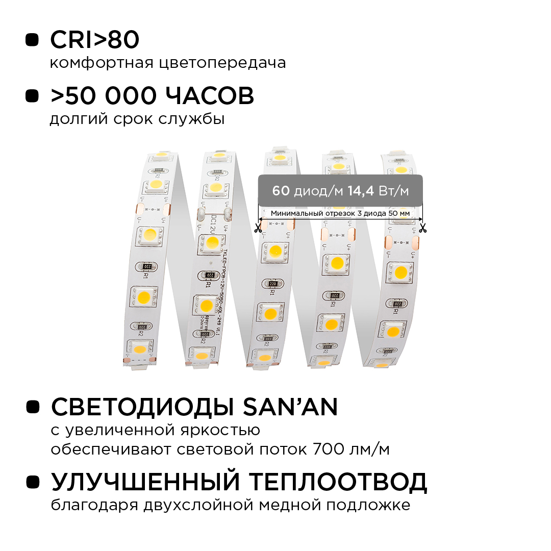 Комплект светодиодной ленты Apeyron 12В 144Вт/м smd 5050 60 д/м IP20 1м 3000К (блок, коннектор) 10-68