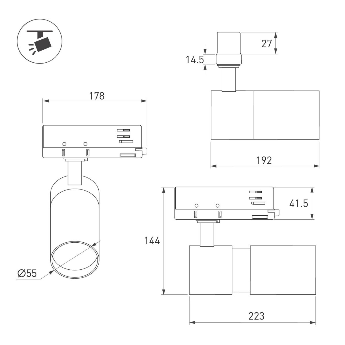 Трековый трехфазный светильник Arlight LGD-ARTEMIS-TRACK-4TR-R55-12W Warm3000 (WH, 8-80 deg, 230V, DALI) 057689