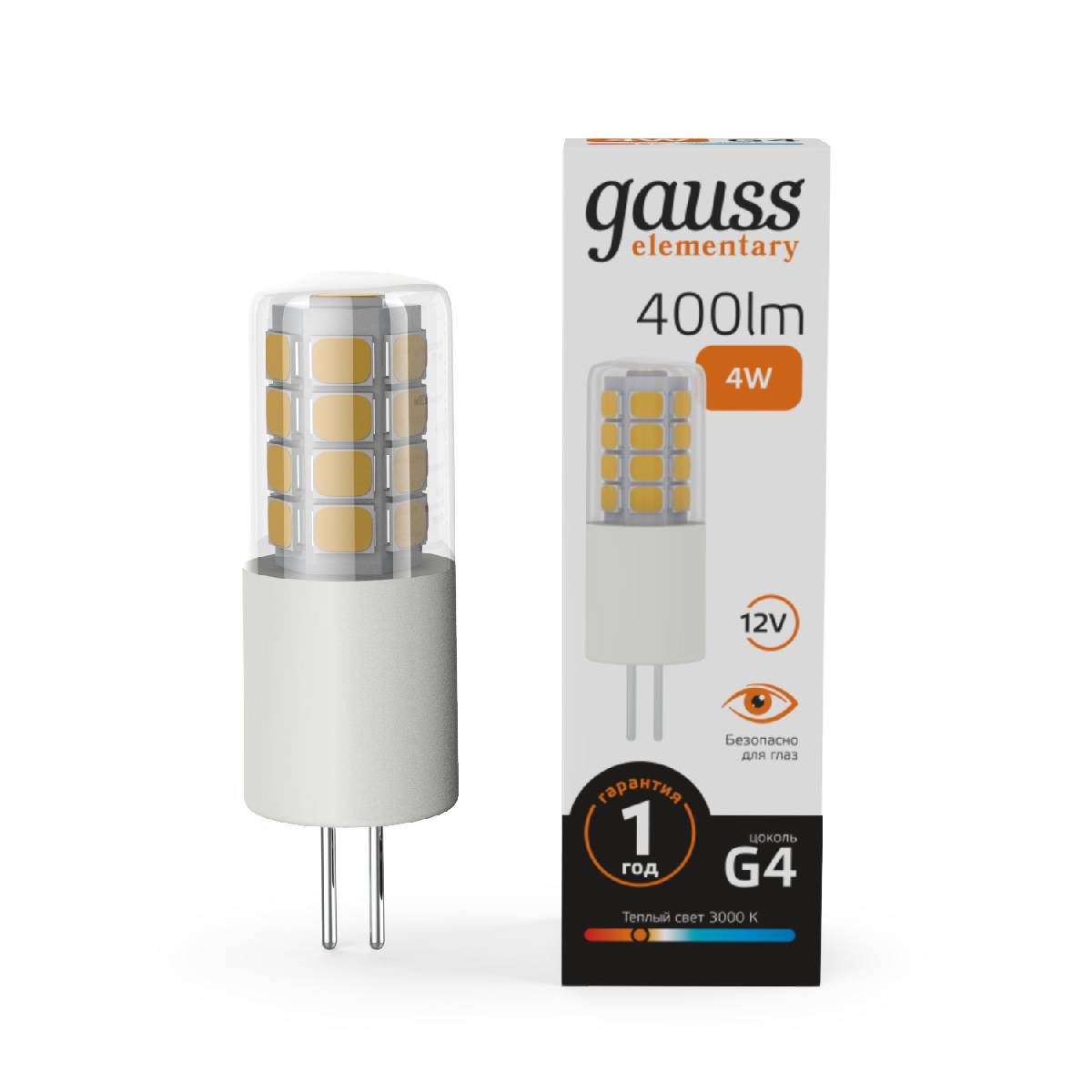 Лампа светодиодная Gauss G4 4W 3000К прозрачная 10714