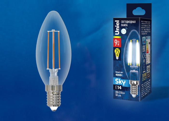 Лампа светодиодная Uniel LED-C35-9W/4000K/E14/CL PLS02WH картон UL-00005161