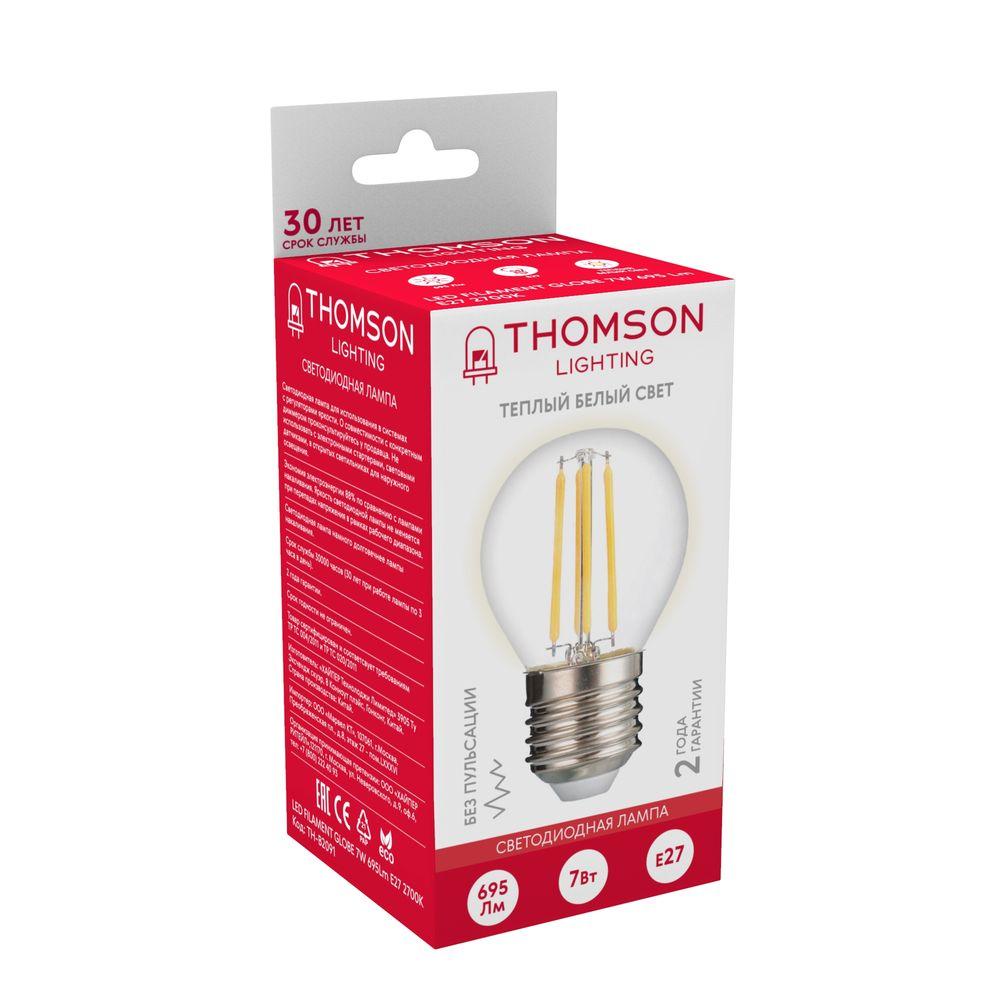 Лампа светодиодная филаментная Thomson E27 7W 2700K шар прозрачный TH-B2091