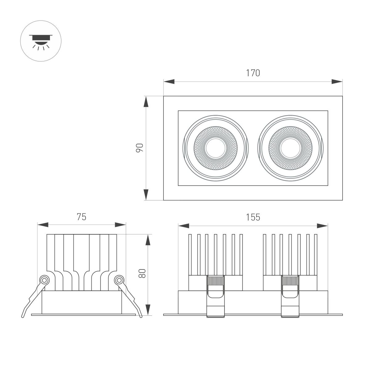 Встраиваемый светильник Arlight MS-VORTEX-BUILT-S170x90-2x12W Warm3000 (WH-WH, 20 deg, 230V) 057760