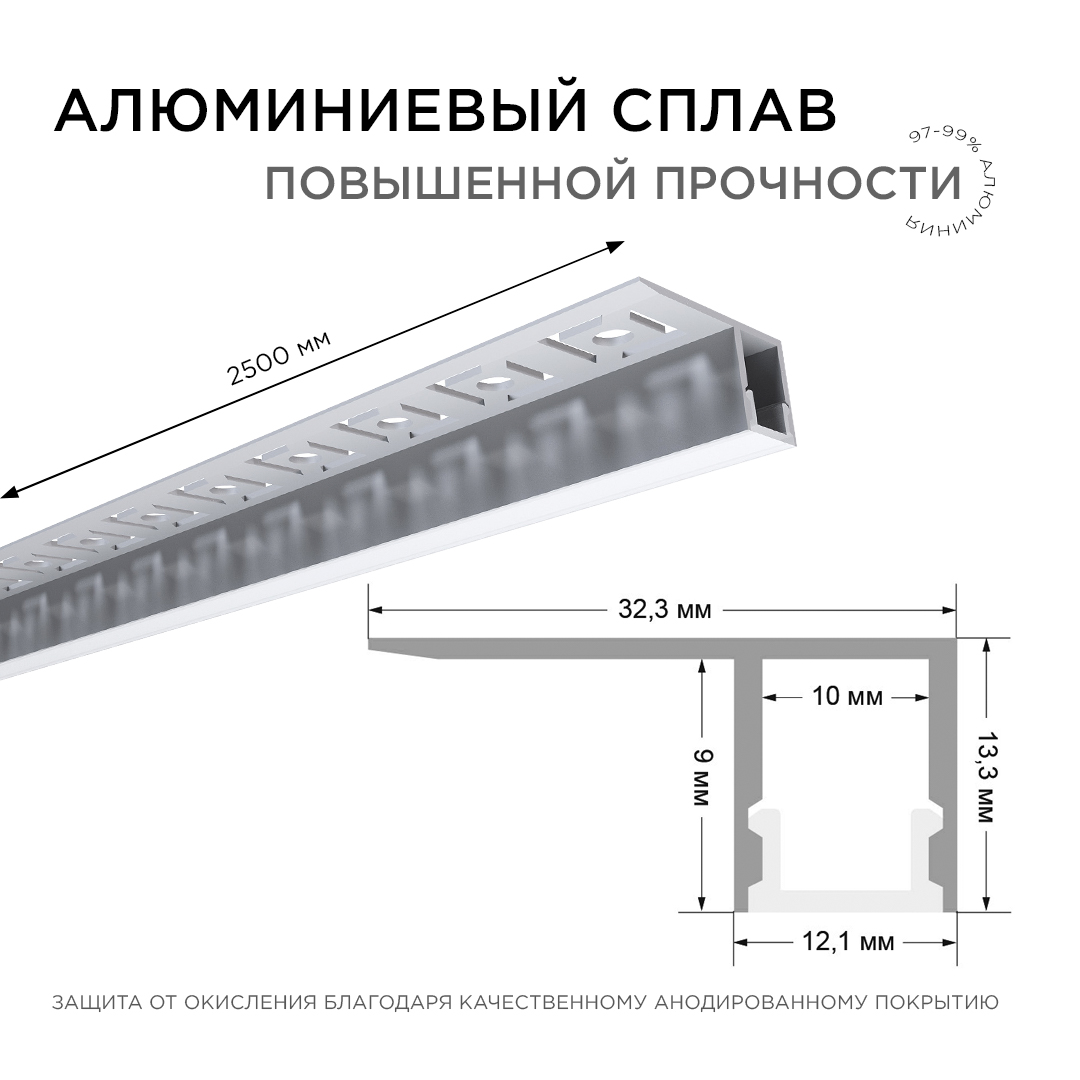 Профиль под гипсокартон Apeyron ширина ленты до 10мм (рассеиватель, заглушки - 2шт) 08-52