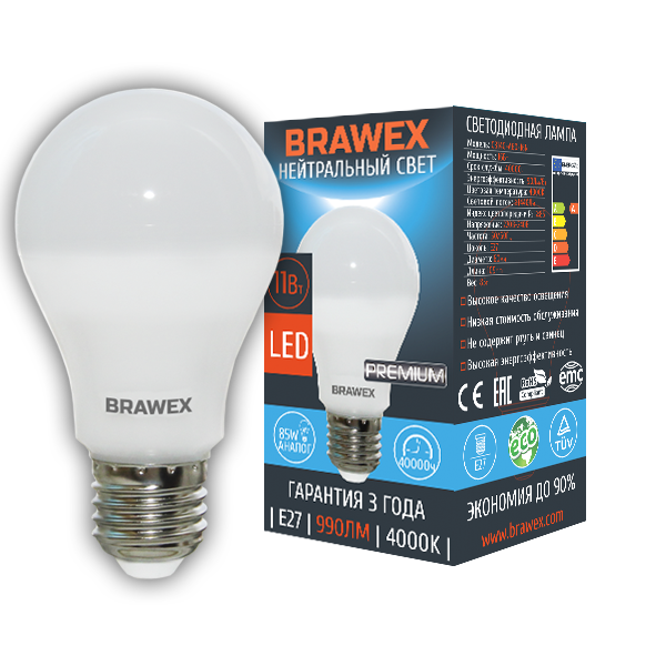 Лампа светодиодная Brawex груша матовая E27 11Вт 4000K 0307D-A60-11N