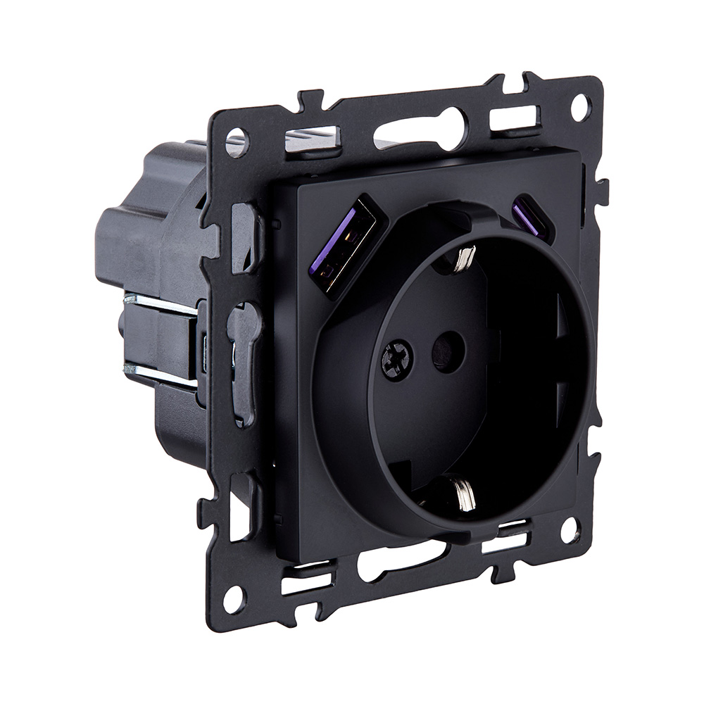 Розетка штепсельная SCHUKO 16A/250 В с USB A+C 20W, черный Kollinger Asthetik AS-016BK