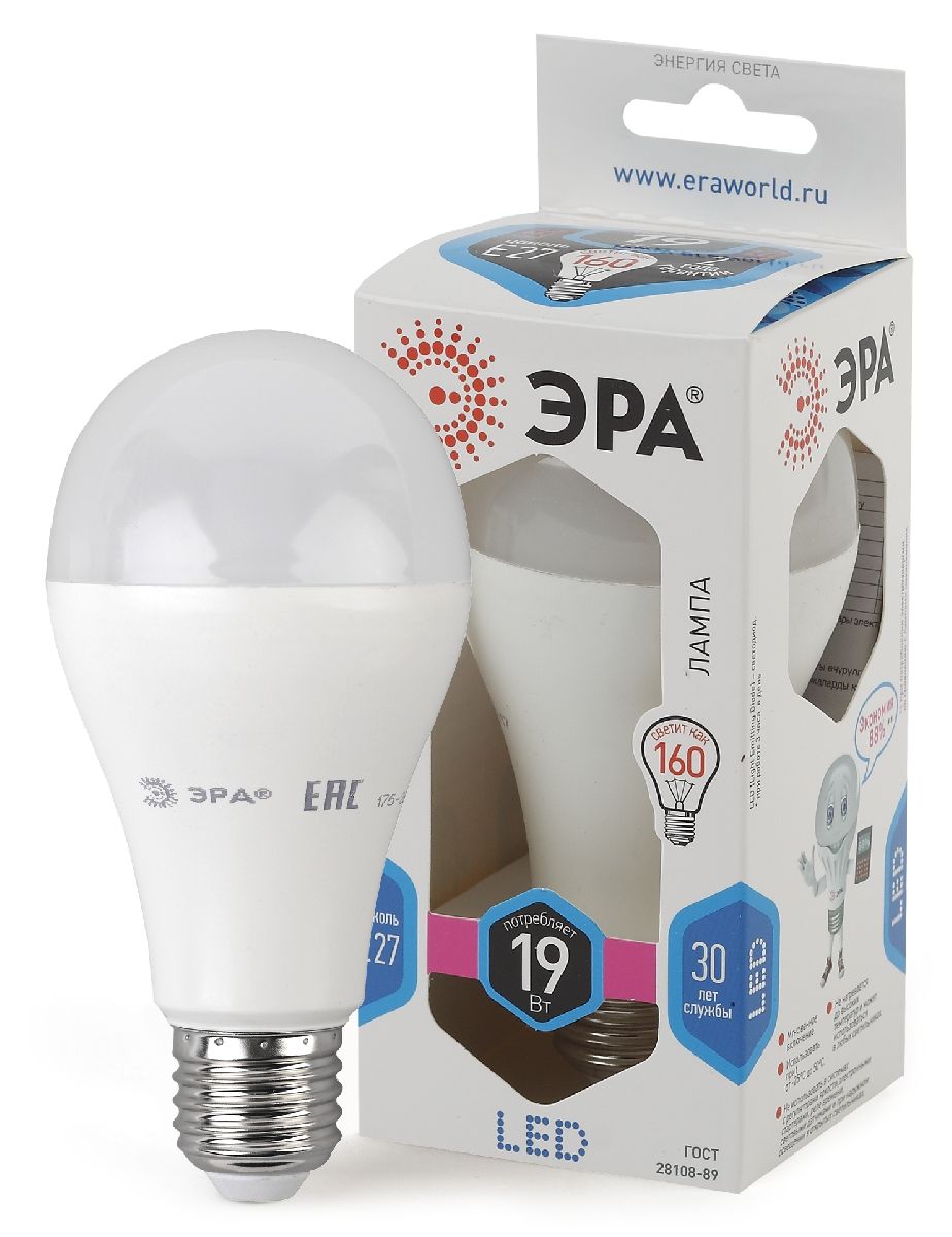Лампа светодиодная Эра E27 19W 4000K LED A65-19W-840-E27 Б0050282