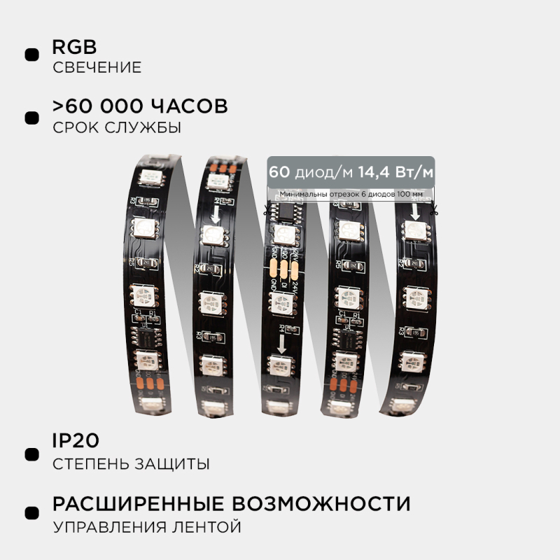 Комплект адресной светодиодной ленты Apeyron 24В 14,4Вт/м smd5050 60д/м IP20 10м RGB (адаптер питания, контроллер) 10-101 в Москве