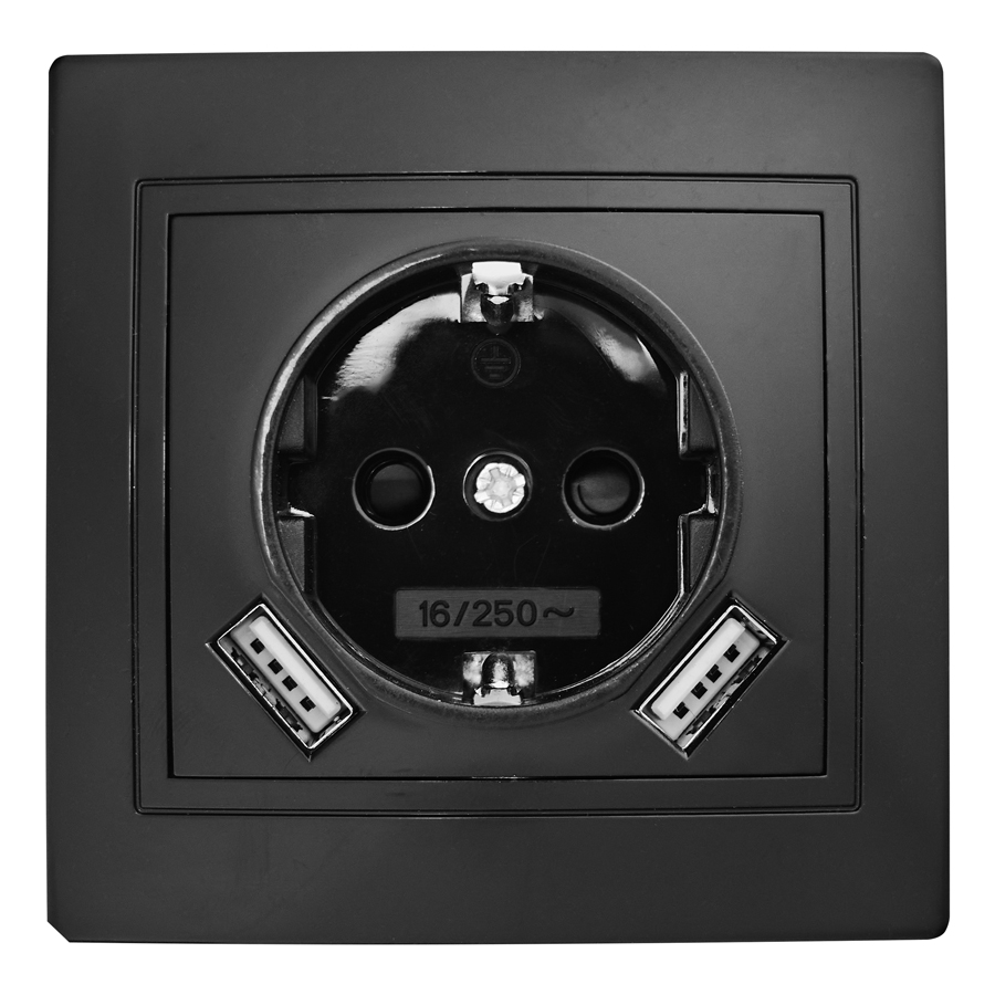 Розетка 2П+З с защ. шт. 16А 250В + USB порт Tape-A 2,1А 5В IP20, черная 