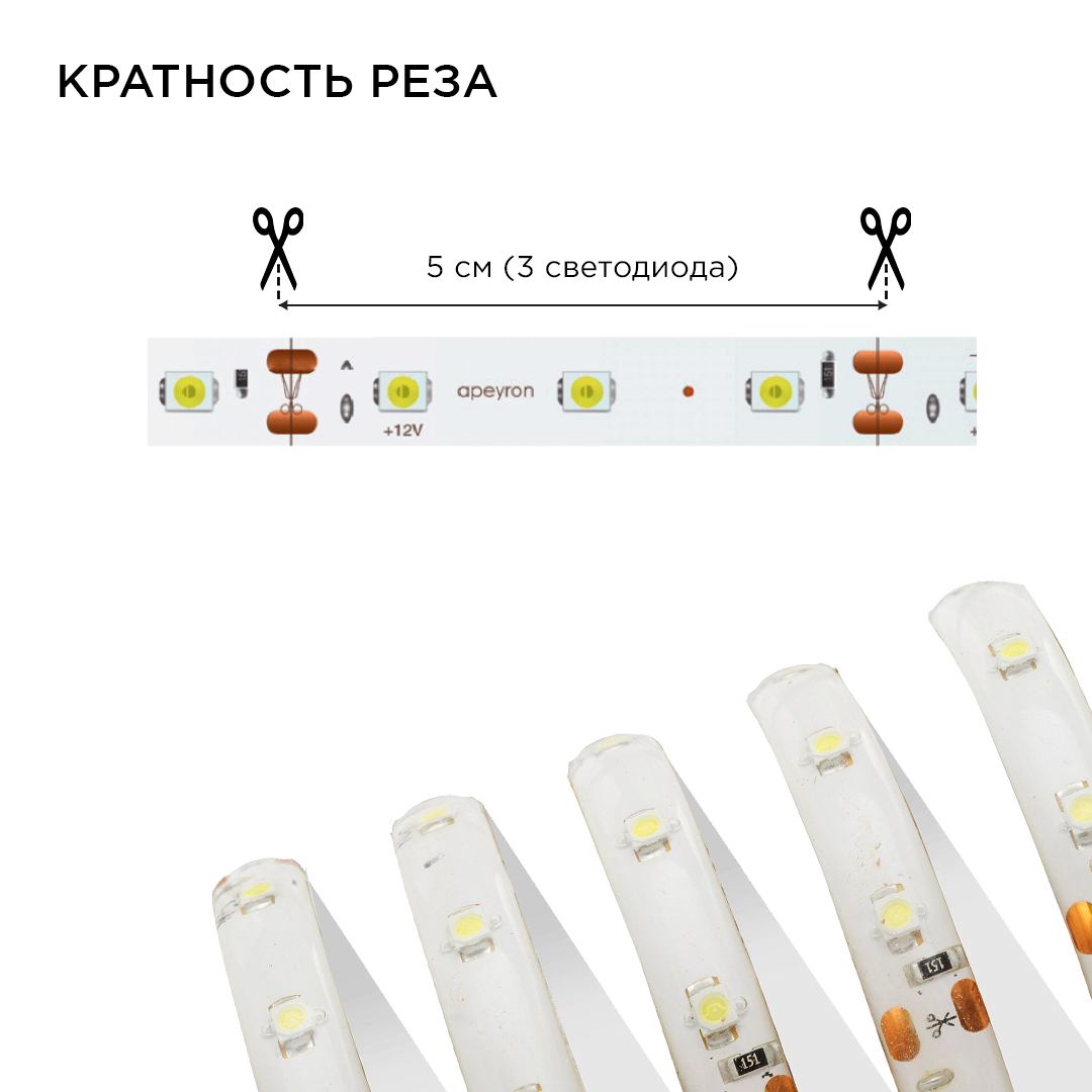 Комплект светодиодной ленты Apeyron 12В 4,8Вт/м smd3528, 60 д/м IP65 2,5м 6500K (блок, коннектор) 10-20