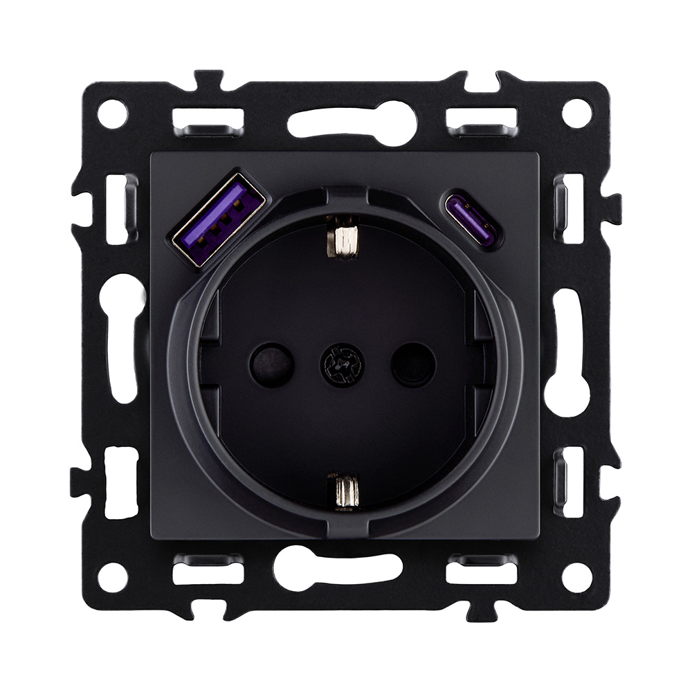 Розетка штепсельная SCHUKO 16A/250 В с USB A+C 20W, черный Kollinger Asthetik AS-016BK