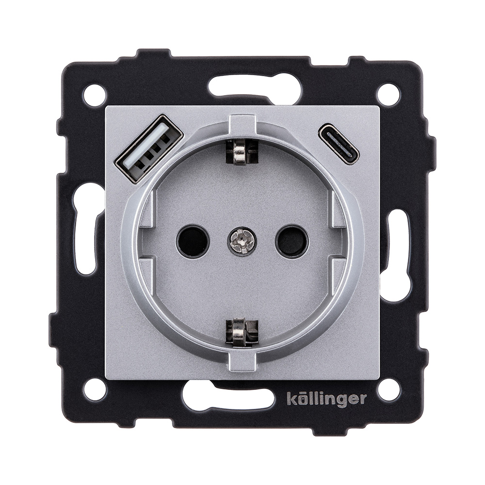 Розетка штепсельная SCHUKO 16A/250 В с USB A+C 20W, серый Kollinger REA-004GY для Aspekt, Eleganz, Reflex