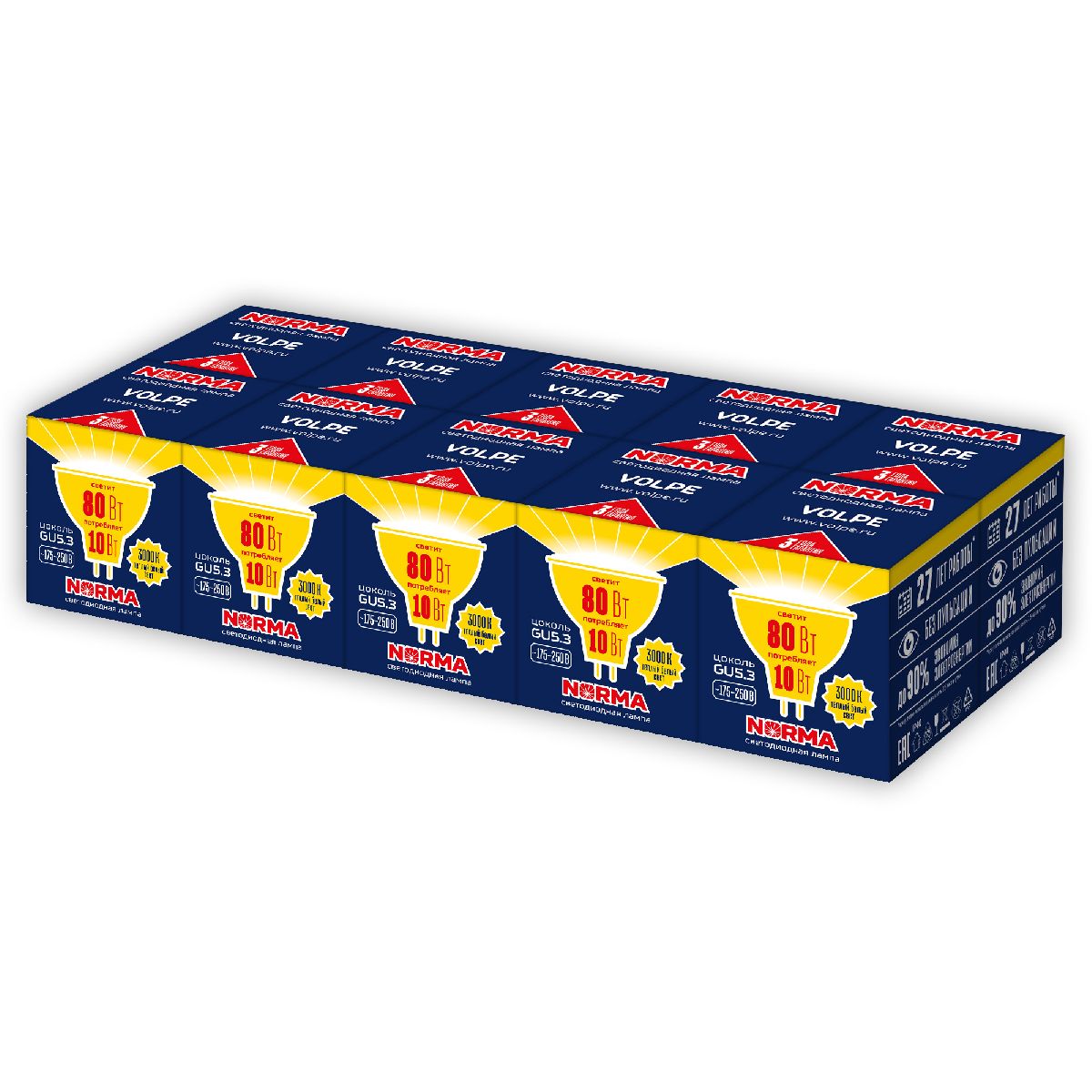 Лампа светодиодная Volpe Norma LED-JCDR-10W/WW/GU5.3/NR Набор из 10штук UL-00012510