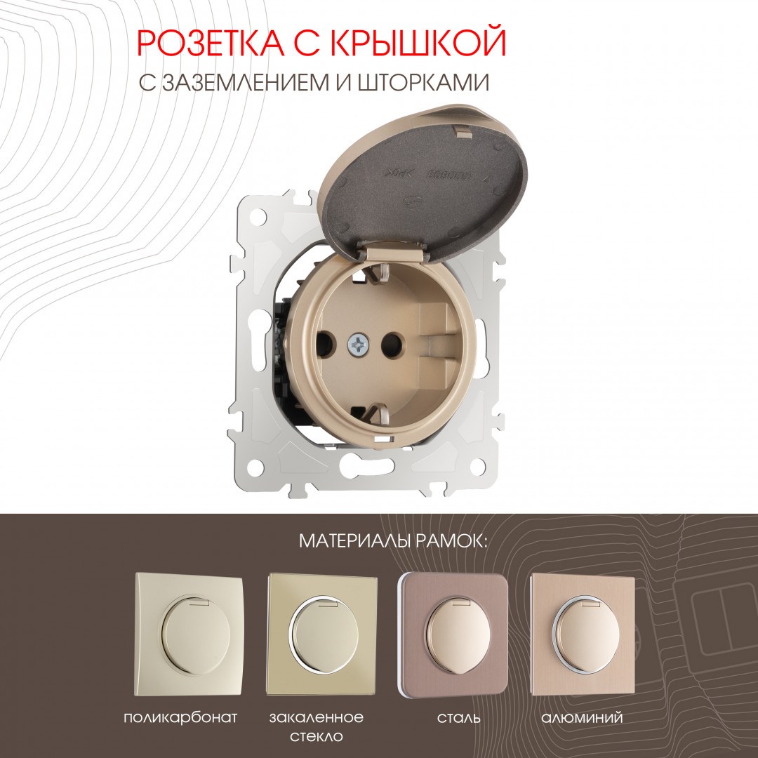Розетка с заземлением, шторками и защитной крышкой Arte Milano 202.41-1.shampan