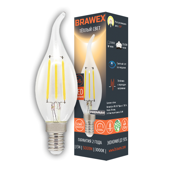 Лампа светодиодная Brawex филамент свеча на ветру прозрачная E14 5Вт 3000K 0707Q-B35F-5L