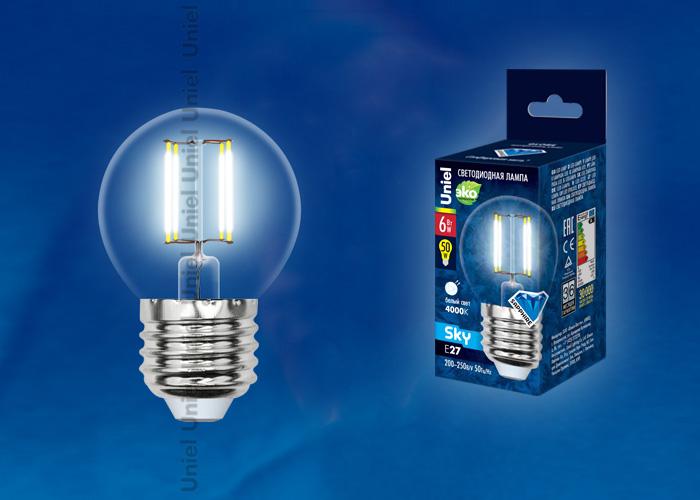 Лампа светодиодная филаментная (UL-00000302) Uniel Е27 6W 3000K матовая LED-G45-6W/WW/E27/FR PLS02WH