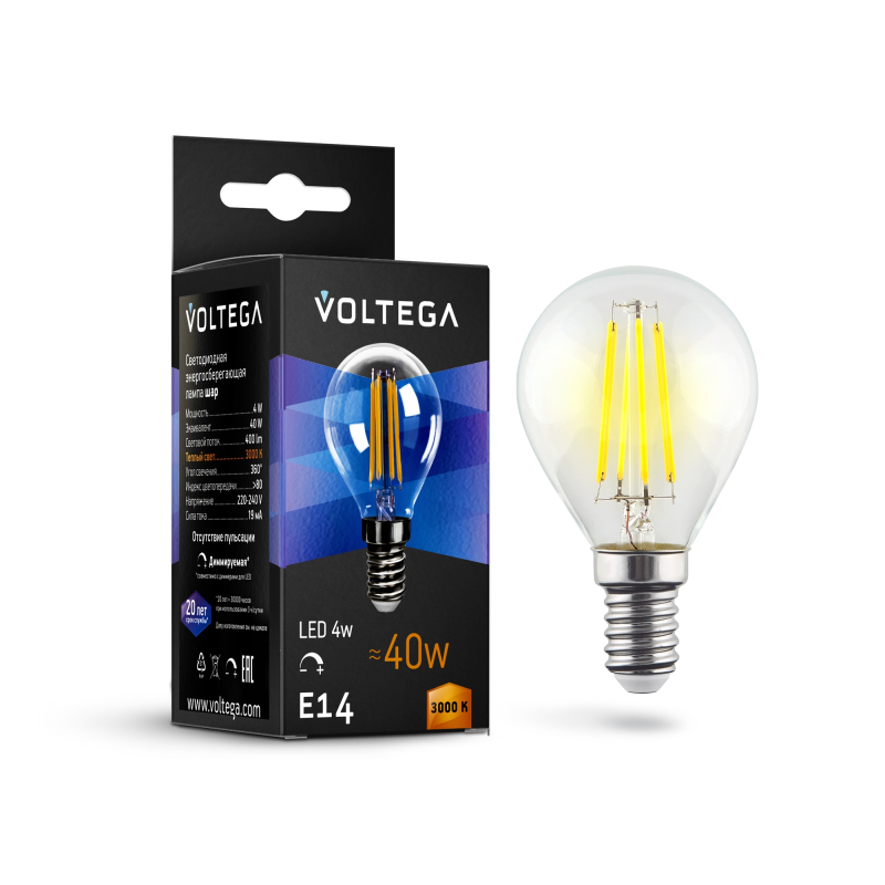 Лампа светодиодная филаментная диммируемая Voltega E14 5W 3000K шар прозрачный VG10-G1E14warm5W-FD 8464