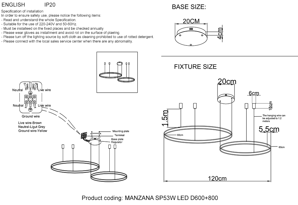 Подвесной светодиодный светильник Crystal Lux MANZANA SP53W LED D600+800 BLACK
