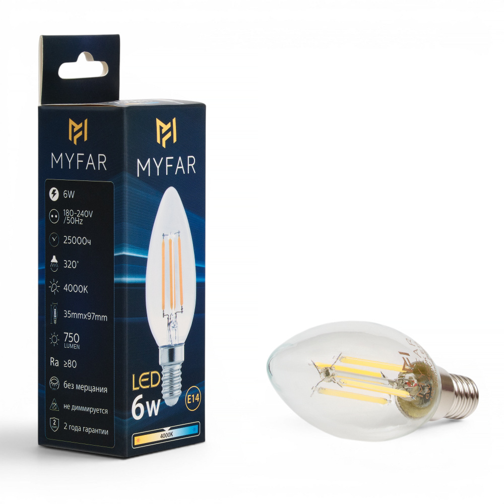 Лампа светодиодная филаментная Myfar Базис E14 свеча прозрачная MB1002E14-6W4K