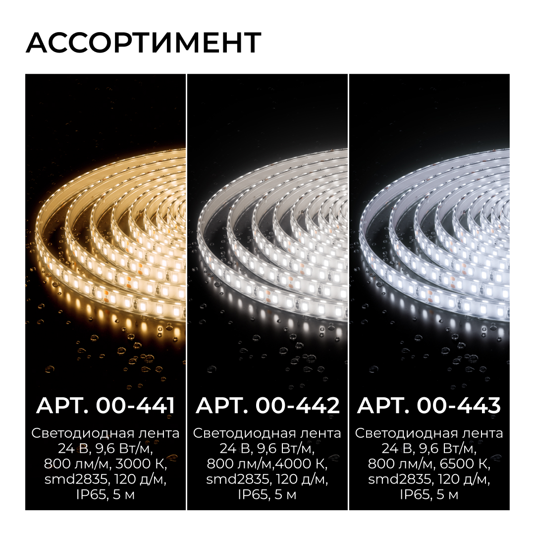 Светодиодная лента Apeyron 24В, 9,6 Вт/м, 800 лм/м, 3000К, smd2835, 120 д/м, IP65, 5м 00-441
