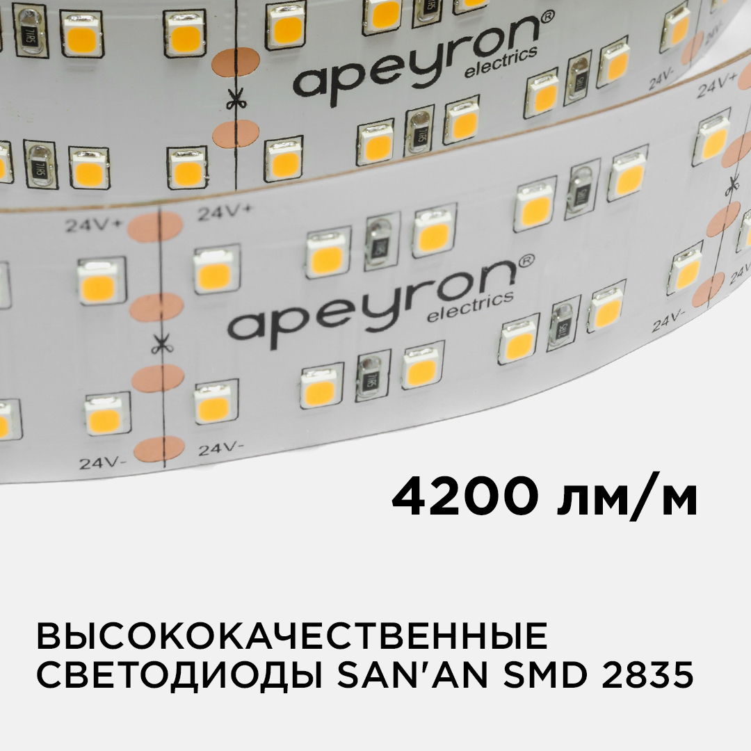 Светодиодная лента Apeyron 24В ПРО 42Вт/м smd2835 240д/м IP20 4200Лм/м 5м 4000К 00-316