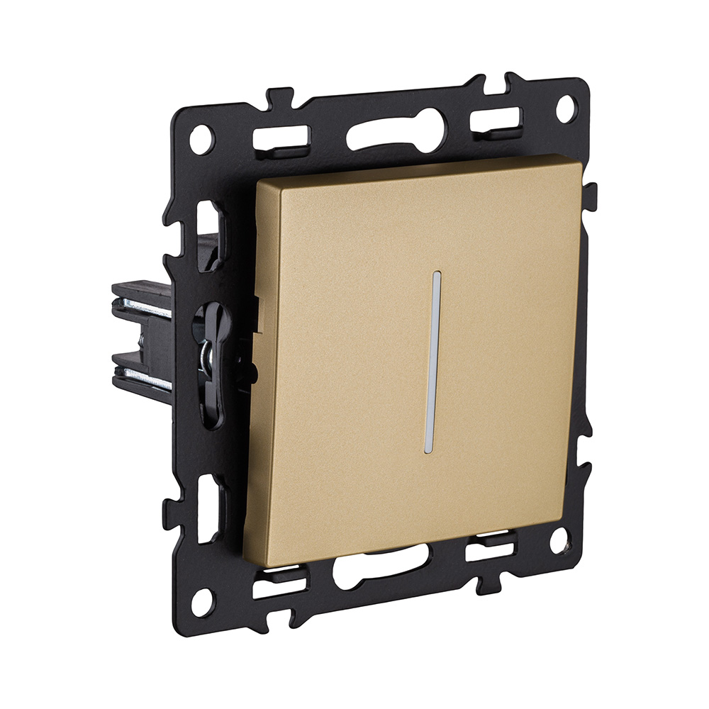 Выключатель кнопочный 1-клавишный 10А/250В с LED подсветкой, золотой Kollinger Asthetik AS-012GD