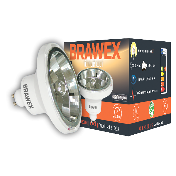 Лампа светодиодная Brawex рефлектор зеркальный GU10 12Вт 3000K 3906B-AR111m-12L
