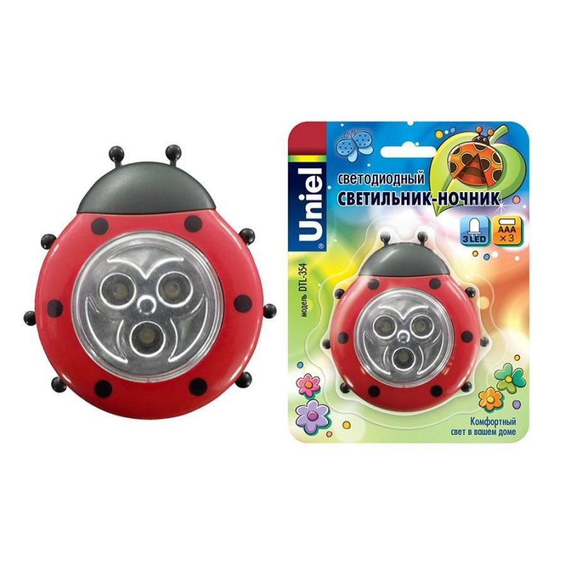 Светодиодный светильник (07717) Uniel DTL-354 Божья Коровка/Red/3LED/3AAA УЦ