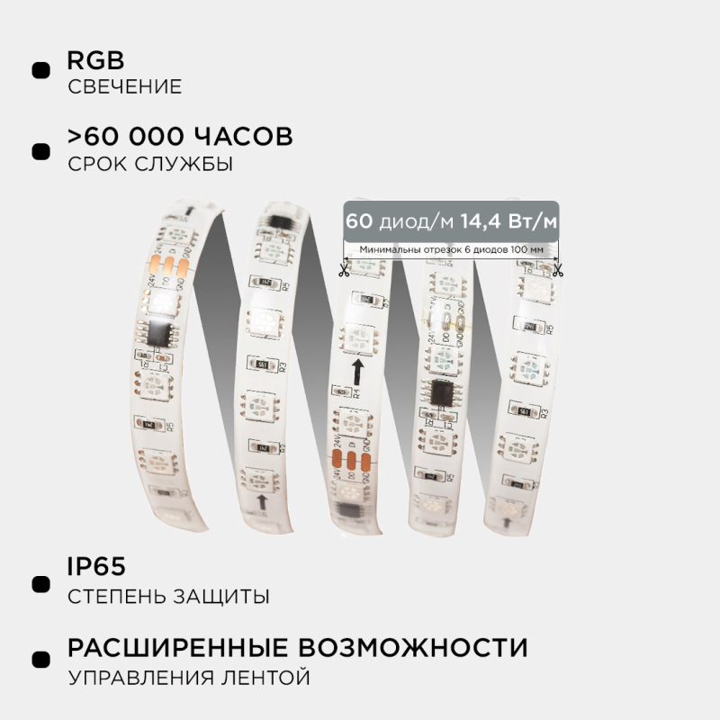 Комплект адресной светодиодной ленты Apeyron 24В 14,4Вт/м smd5050 60д/м IP65 5м RGB (адаптер питания, контроллер) 10-96