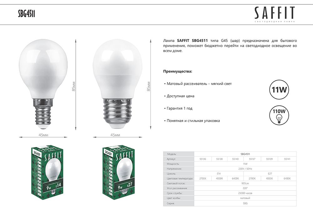 Лампа светодиодная Saffit SBG4511 шар E14 11W 6400K 55140
