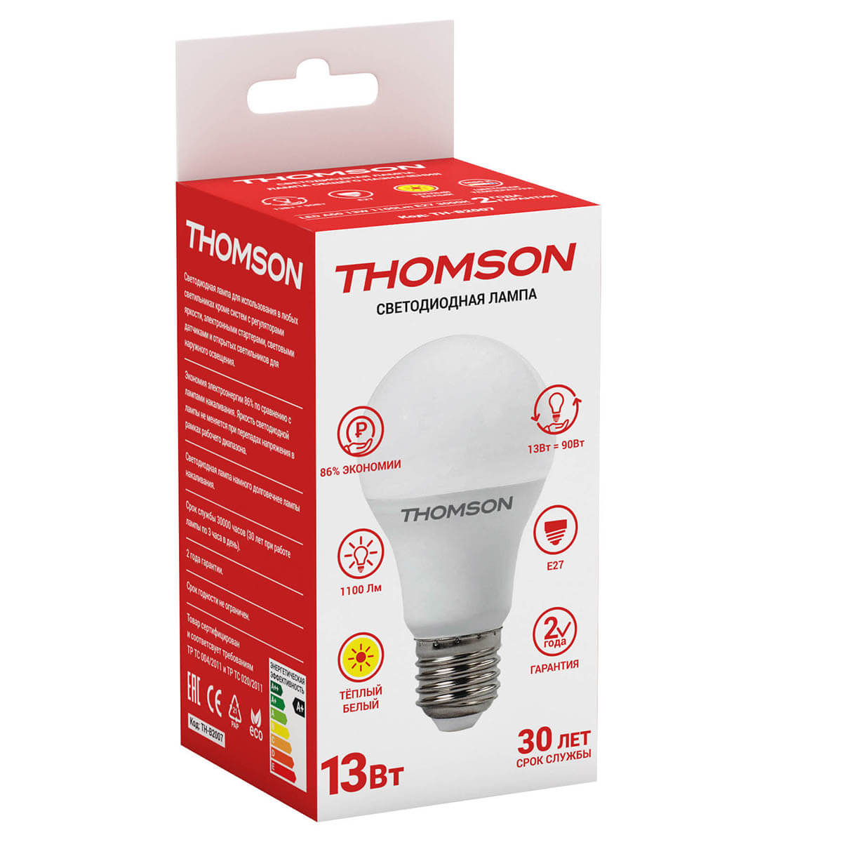 Лампа светодиодная Thomson E27 13W 3000K груша матовая TH-B2007