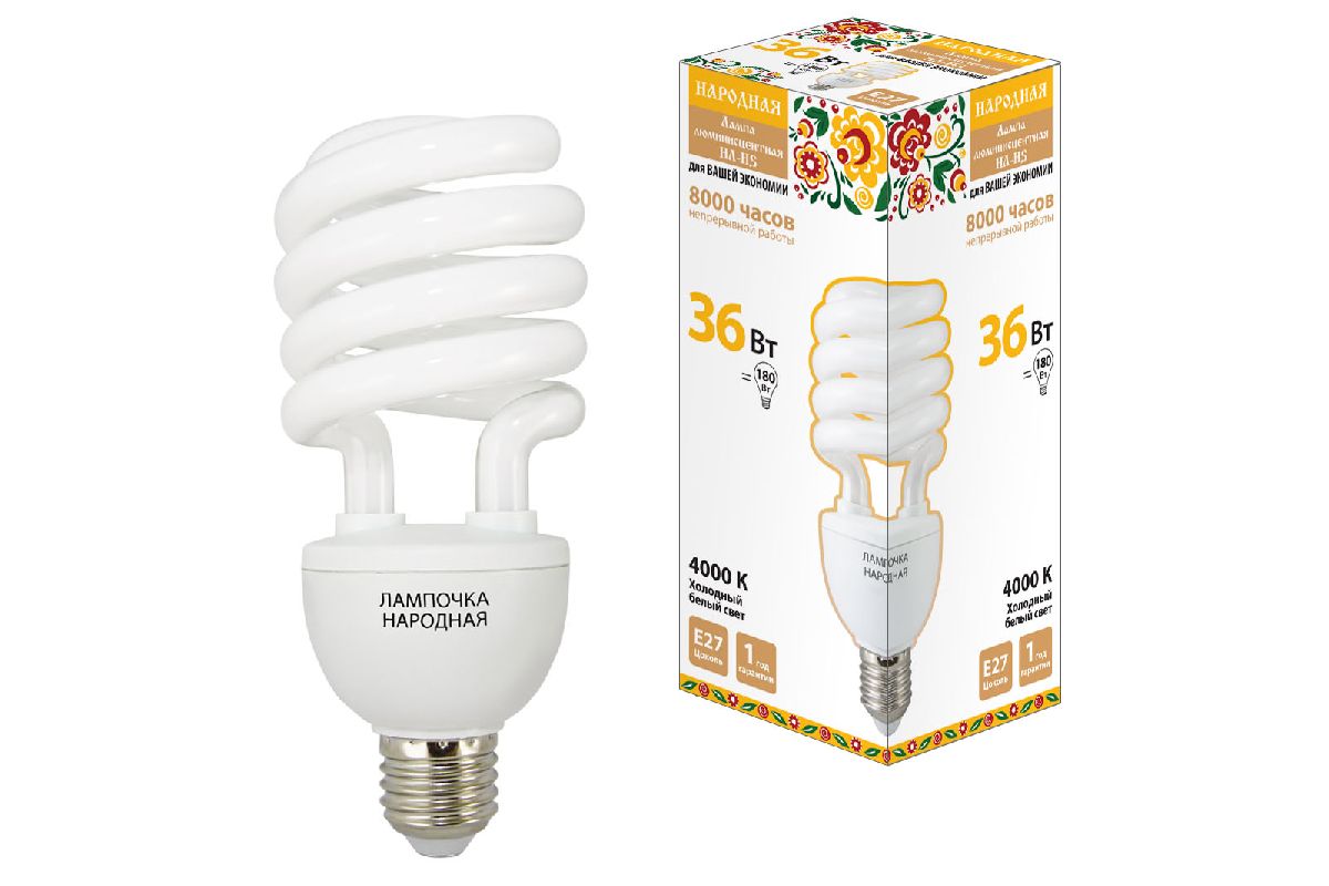 Лампа люминесцентная TDM Electric Народная E27 36W 4000K матовая SQ0347-0032