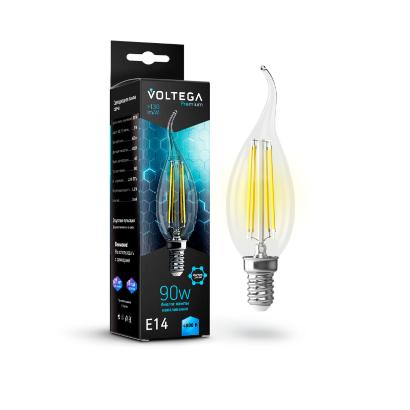 Лампа светодиодная филаментная Voltega E14 7W 4000K свеча на ветру VG10-CW35E14cold9W-F 7133